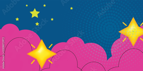 Dynamic comic style background featuring vibrant yellow stars and pink clouds on a blue halftone backdrop, perfect for creative designs and playful themes
