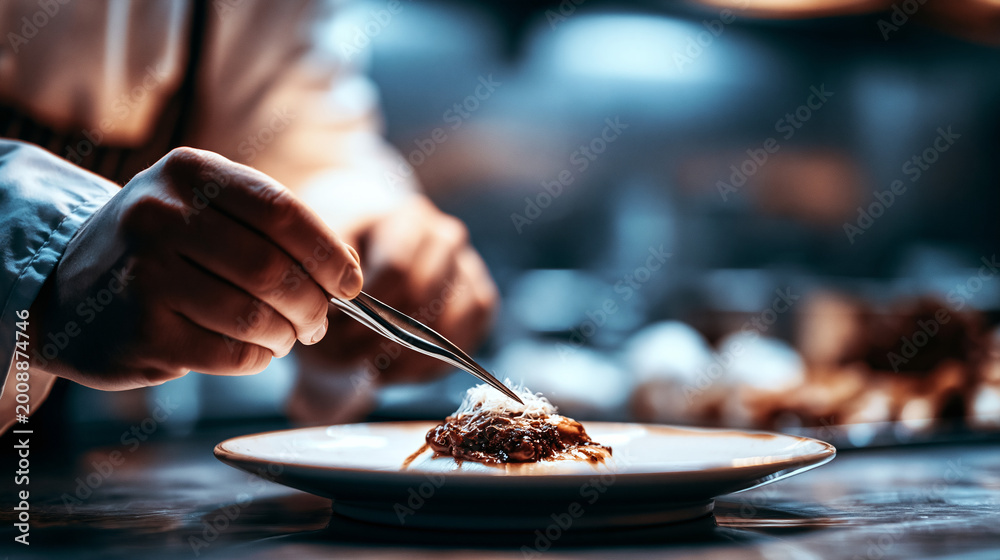 Fototapeta premium Close-up of chef's hands plating dessert with fine sugar restaurant culinary preparation sweetness