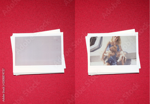 Mockup Template for Wide Polaroid Instant against red textil background