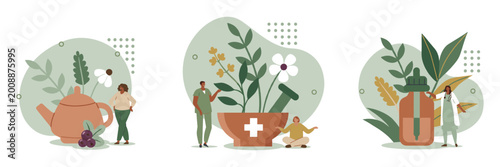 Photos Herbal medicine and natural remedies concept with teapot plants mortar alternati