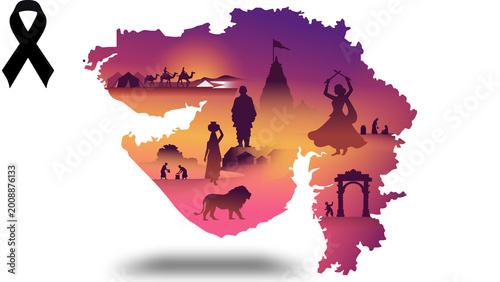 Foto Gujarat State Map Silhouette with Cultural Landmarks, Wildlife, and Mourning Rib