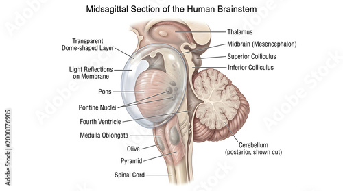 Midsagittal section of the human brainstem highlighting midbrain with colliculi, pons, medulla oblongata, fourth ventricle, pineal region and overlying transparent membrane, with cerebellum posteriorl