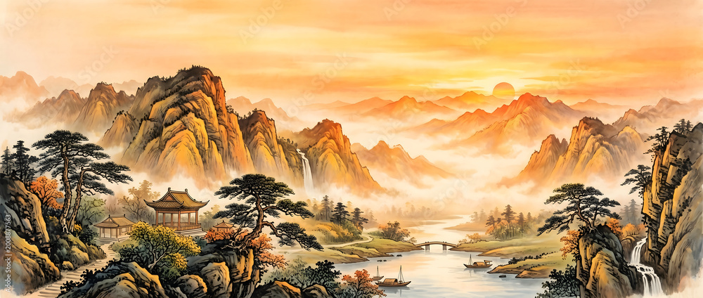 Obraz premium This traditional Chinese landscape painting captures a golden sunset over misty layered mountains, with rivers, pavilions, pine trees and waterfalls creating a peaceful idyllic natural scene.
