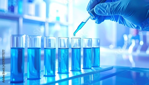 Row of transparent test tubes filled with blue liquid, gloved hand pipette releasing drop, clean sterile laboratory setting with cool blue lighting, symbolizing science, analysis, and experimentation.