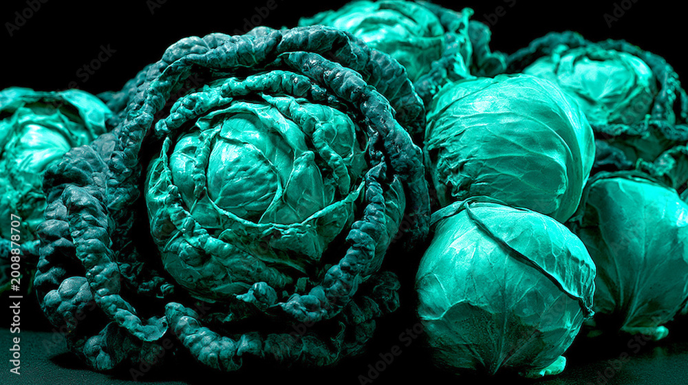 Obraz premium Pile of fresh green cabbages including savoy cabbage on a dark background with cool tones, vegetable