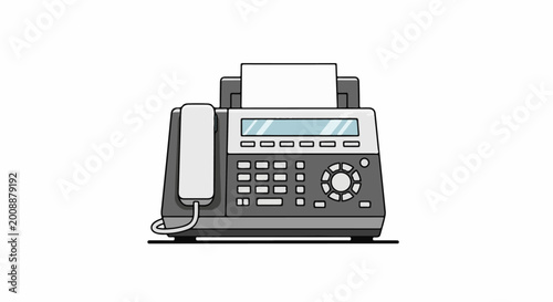 A gray and white fax machine with a paper roll and handset