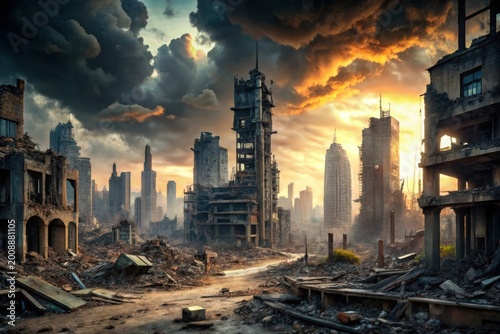 Post apocalyptic city with ruined buildings at sunset.