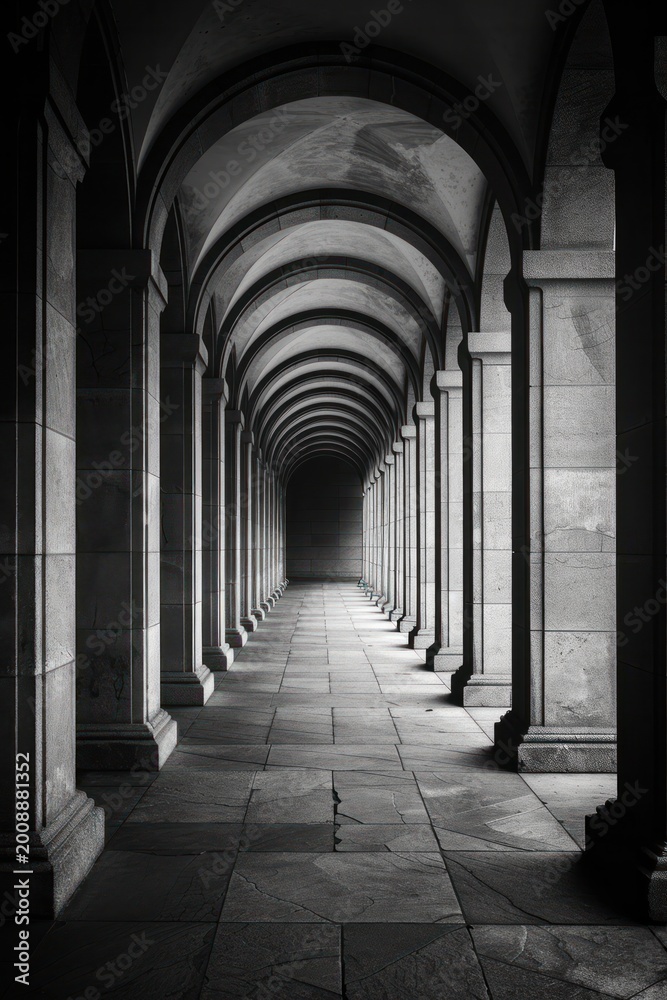 Fototapeta premium Symmetrical archway corridor with dramatic shadows