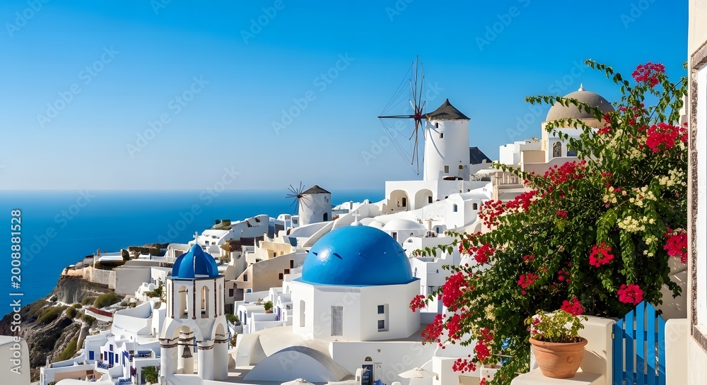 Fototapeta premium Colorful summer in santorini iconic greek architecture and vibrant bougainvillea