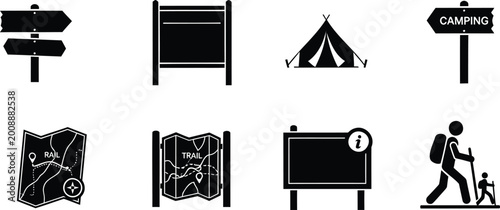 Hiking trail navigation and camping signs vector silhouette illustration line art set.