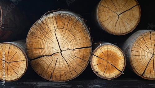 Close-up of cut tree logs arranged together, visible growth rings and radial cracks, natural wood texture in tan and brown shades, organic patterns symbolizing age, drying, and structure of nature.