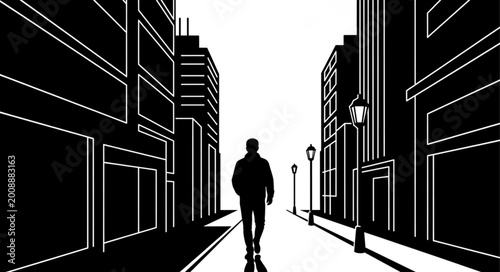 Obraz na płótnie Silhouette of a Person Walking Through Urban Street Scene.