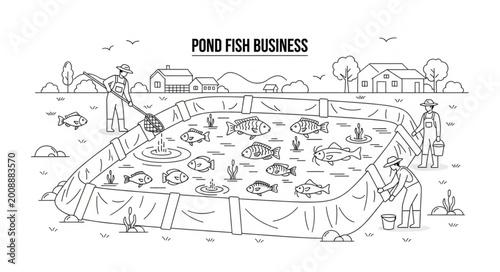 Fotografía Illustration of Pond Fish Business with Various Fish and Equipment