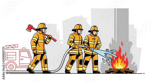 Photos Firefighters Extinguishing Fire with Hose Equipment.