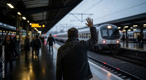 Farewell wave: a lone figure bids goodbye to a departing train at dusk, station lights casting a melancholic glow.