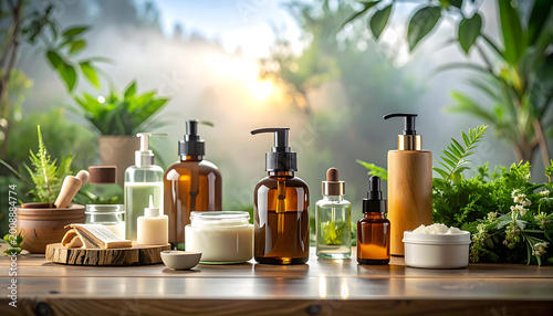Natural organic skincare products arranged on a wooden surface with lush green foliage and soft sunlight in the background, promoting wellness and self-care