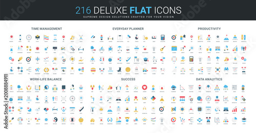 Comprehensive flat icon collection covering time management, daily planning, productivity, work-life balance, success, and data analytics concepts isolated vector illustration