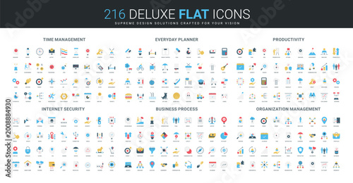Colorful flat icons covering time management, daily planning, productivity, internet security, business process, and organization management themes isolated vector illustration