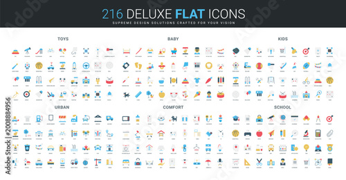 Colorful flat icon set features toys, baby care, kids activities, urban lifestyle, home comfort, and school essentials, each group visually distinct and detailed isolated vector illustration