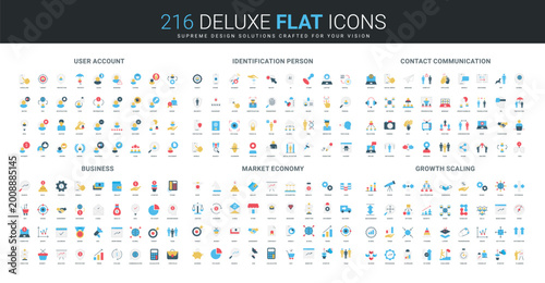 Comprehensive flat icon collection covering user account, identification, contact, business, market economy, and growth scaling concepts for digital and corporate design isolated vector illustration