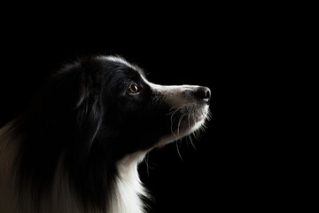 a border collie dog sitting profile head silhouette portrait from the side on a black background in the studio