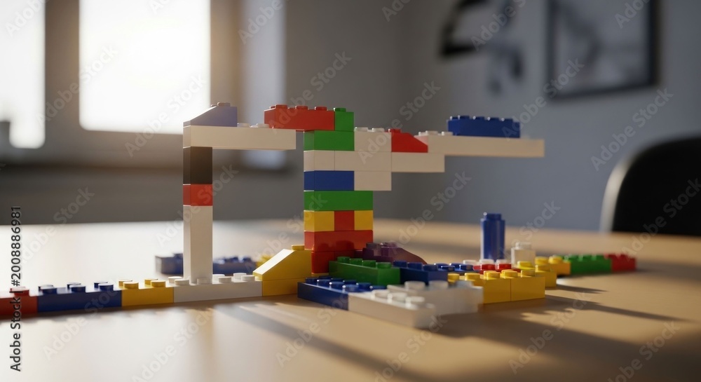 Fototapeta premium Colorful Lego Structure on a Wooden Table - A Creative Construction.
