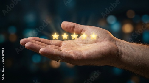 The Ultimate Customer Experience: A close-up shot of a hand cupping glowing stars representing exceptional service and feedback. conveying a message of outstanding quality and client satisfaction.