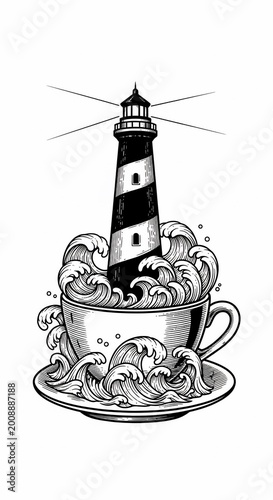 Whimsical Lighthouse in Coffee Cup Ocean - Black & White Ink Drawing