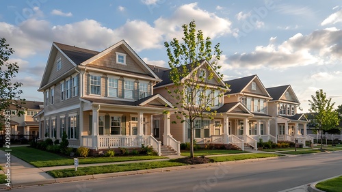 A row of beautiful houses with a blue sky in the background. 
