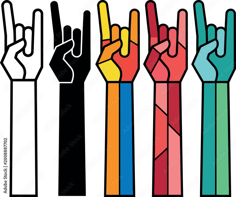 Fototapeta premium Colorful hands making rock on sign with fingers isolated on white background