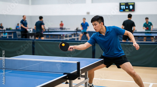 Ping pong player in action, male athlete focused on hitting table tennis ball with paddle during match in indoor arena