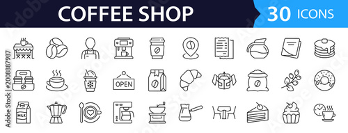 Coffee Web Icon Set in Linear Style. Collection of coffee shop line icons, including menu, cafe, barista, beans, cup, coffee machine, coffee house, espresso, cappuccino, drink and more Editable stroke