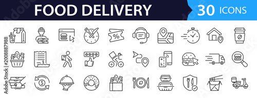Food delivery Web Icon Set in Linear Style. Collection of delivery line icons, including courier, restaurant, food, fast food, scooter, deliver, menu, grocery, take away and more. Editable stroke