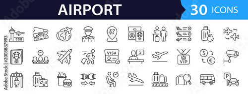 Airport Web Icon Set in Linear Style. Collection of flight line icons, including plane, airplane, flight, airline, boarding pass, tickets, baggage, seat, aerodrome, traveler and more. Editable stroke