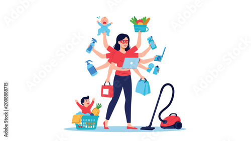 Super mom multitasking with multiple arms performing house chores and caring for children at the same time.