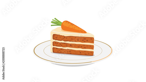Slice of moist carrot cake with cream cheese frosting topped with a miniature carrot on a white ceramic plate.
