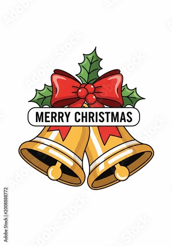 Joyful Bells Ringing: Merry Christmas Greeting with Festive Holly & Red Bow