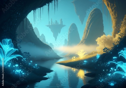 Enchanting Luminescent Flora in a Mystical Alien Landscape, Digital Art