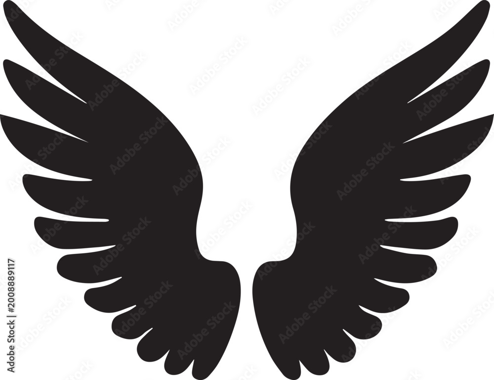 Fototapeta premium Angel Wings Silhouette Vector Illustration - Heavenly Spread Wings Icon for Heraldry and Divine Symbolism Isolated on White