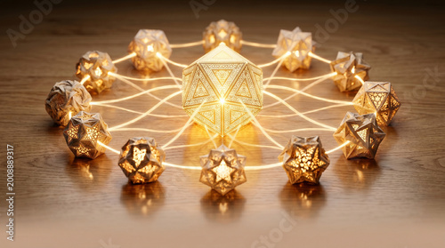 Federated learning network glow on wooden table with geometric light sphere and connected star lamp