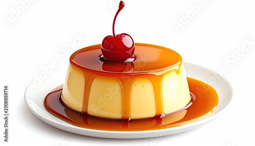 Smooth custard dessert with glossy caramel sauce and a bright red cherry