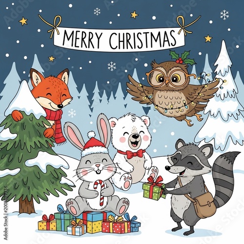 Whimsical Winter Friends: A Hand-Drawn Merry Christmas Snow Scene with Festive Woodland Creatures and Gifts