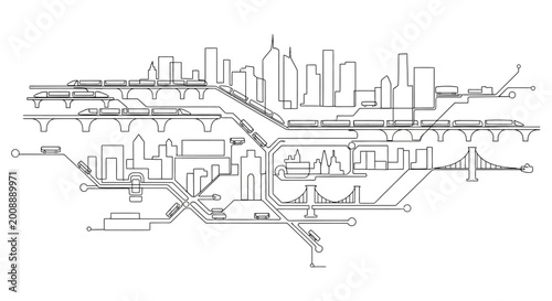 Photography Abstract Cityscape Blueprint with Transportation Network and Skyline