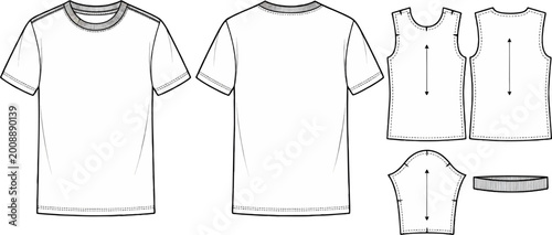 Fotografie T-Shirt Technical Flat Sketch with Front Back View and Pattern Pieces Layout