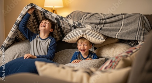Two cheerful young boys laughing while playing inside a cozy homemade blanket and pillow fort in a warm living room.