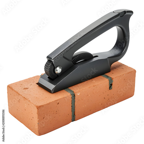 black metal bricklaying clamp gripping red brick isolated on transparent background