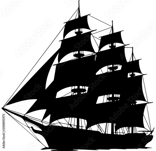 Detailed Black Silhouette of a Vintage Tall Ship with Multiple Sails Isolated on White Background