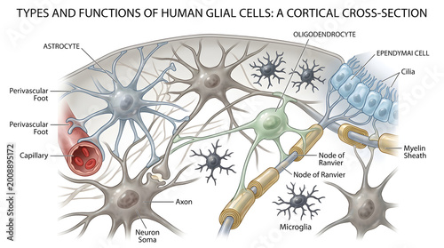 Types and functions of human glial cells cortical cross‑section showing astrocytes around capillaries and synapses, oligodendrocytes forming myelin, microglia as immune sentinels and ependymal cells l