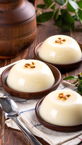 Three creamy, dome-shaped desserts sit in small brown dishes, garnished with nuts, near a spoon and greenery on wood