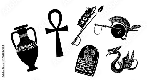 Tableau sur toile Egyptian, ancient symbols, icons, black, vector graphics, 6 elements isolated on